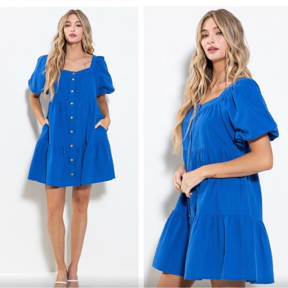 Linen Puff Short Sleeve Tiered Mini Dress - Picture 2 of 4